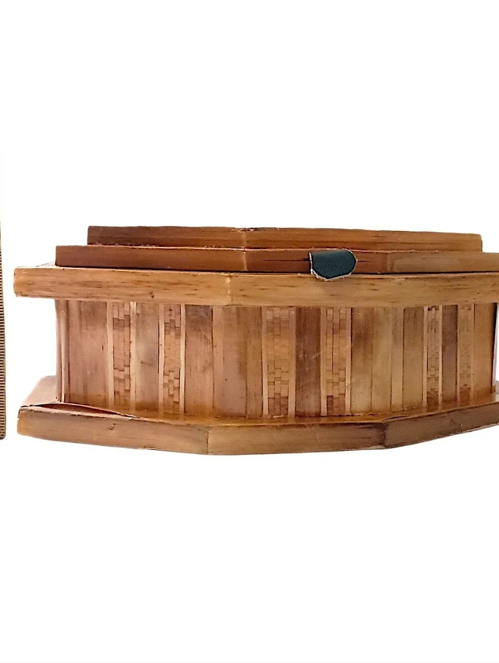Vtg Straw Bamboo Inlaid Marquetry Trinket Jewelry‎ Box Wood Velvet Tramp Boho